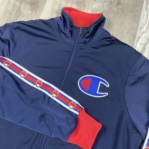 Champion Mens Track Jacket‎ Blue Red White Logo Pockets Mock Neck Large